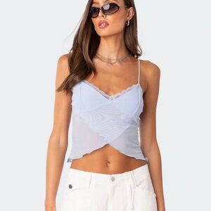 Edikted size medium. Blue sheer crop top. Baby blue. Lace and sheer